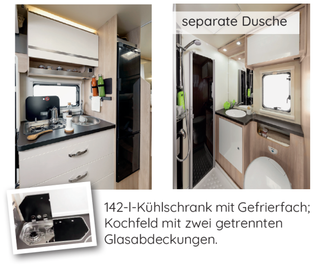 Die Bilder zeigen die Küche und die separate Dusche.