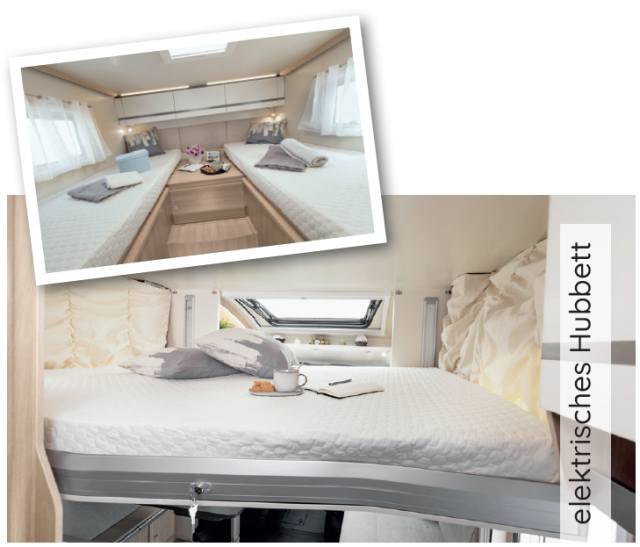 Die zwei Bilder zeigen die Schlafmöglichkeiten des Sienna 385. Ein Schlafzimmer mit zwei einzelnen Betten und ein elektrisches Hubbett.