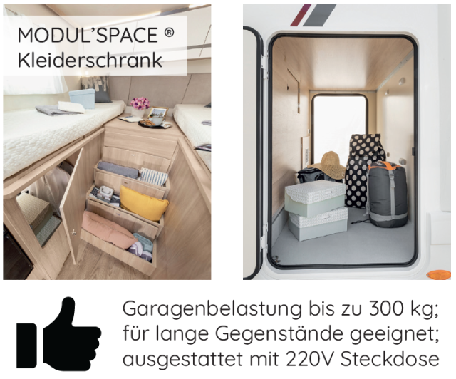 Auf den zwei Bildern ist der optimal genutzte Stauraum ersichtlich. Im Schlafzimmer ist ein versteckter Kleiderschrank ersichtlich und der Garagenraum wird gezeigt.